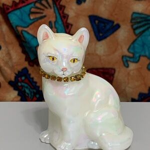 Fenton Iridescent Cream Cat Figurine with Gold Collar November Birthstone